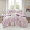 Rosalie - 4 Piece Full/Queen Metallic Printed Plush Comforter Set With Throw Pillow - Pink Multi/Gold - Intelligent Design - Comforters & Sets - Elite Enclave Home