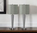 Metal Candlestick USB Table Lamps With Gray Drum Shade (Set of 2) - Silver - HomeRoots - Lamp Sets - Elite Enclave Home