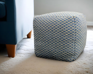 Wool Cube Trellis Pouf Ottoman - Blue And Beige
