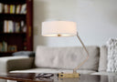 Metal Two Light Lantern Desk USB Table Lamp With White Drum Shade - Brown