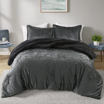 Mira - 3 Piece Full/Queen Crushed Velvet Sherpa Reversible Comforter Set - Charcoal