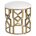 Uttermost Trellis Geometric Accent Stool – White & Gold – round stool with antique brushed brass iron base and white textured fabric top