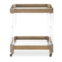 Uttermost Giselle Bronze Bar Cart – glass shelves with bronze metal strap sides and acrylic legs 
